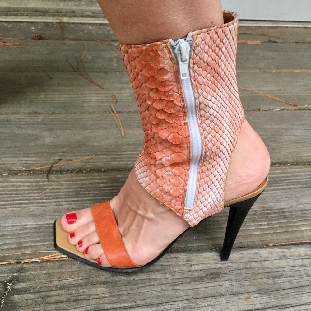 Sexy Orange Snakeskin Leather Heels w/ Anklecuff